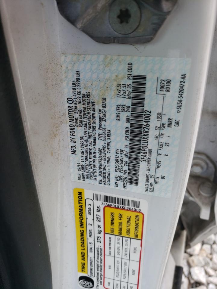 2019 Ford Fusion Se VIN: 3FA6P0LUXKR264002 Lot: 54039615