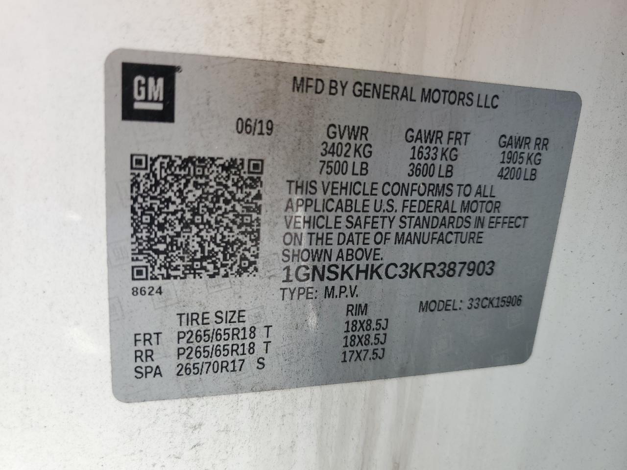 2019 Chevrolet Suburban K1500 Lt VIN: 1GNSKHKC3KR387903 Lot: 57580805