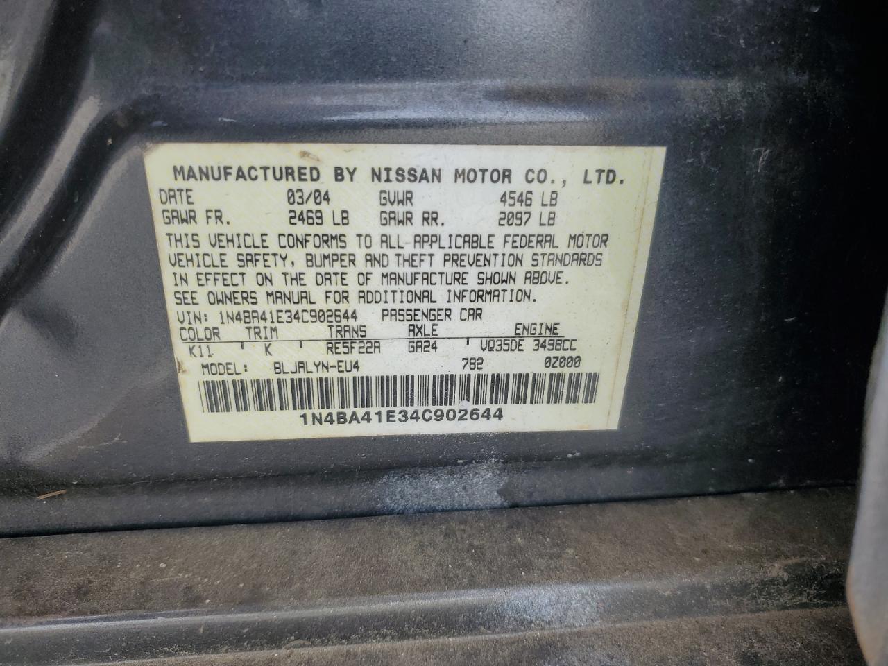 2004 Nissan Maxima Se VIN: 1N4BA41E34C902644 Lot: 57466755