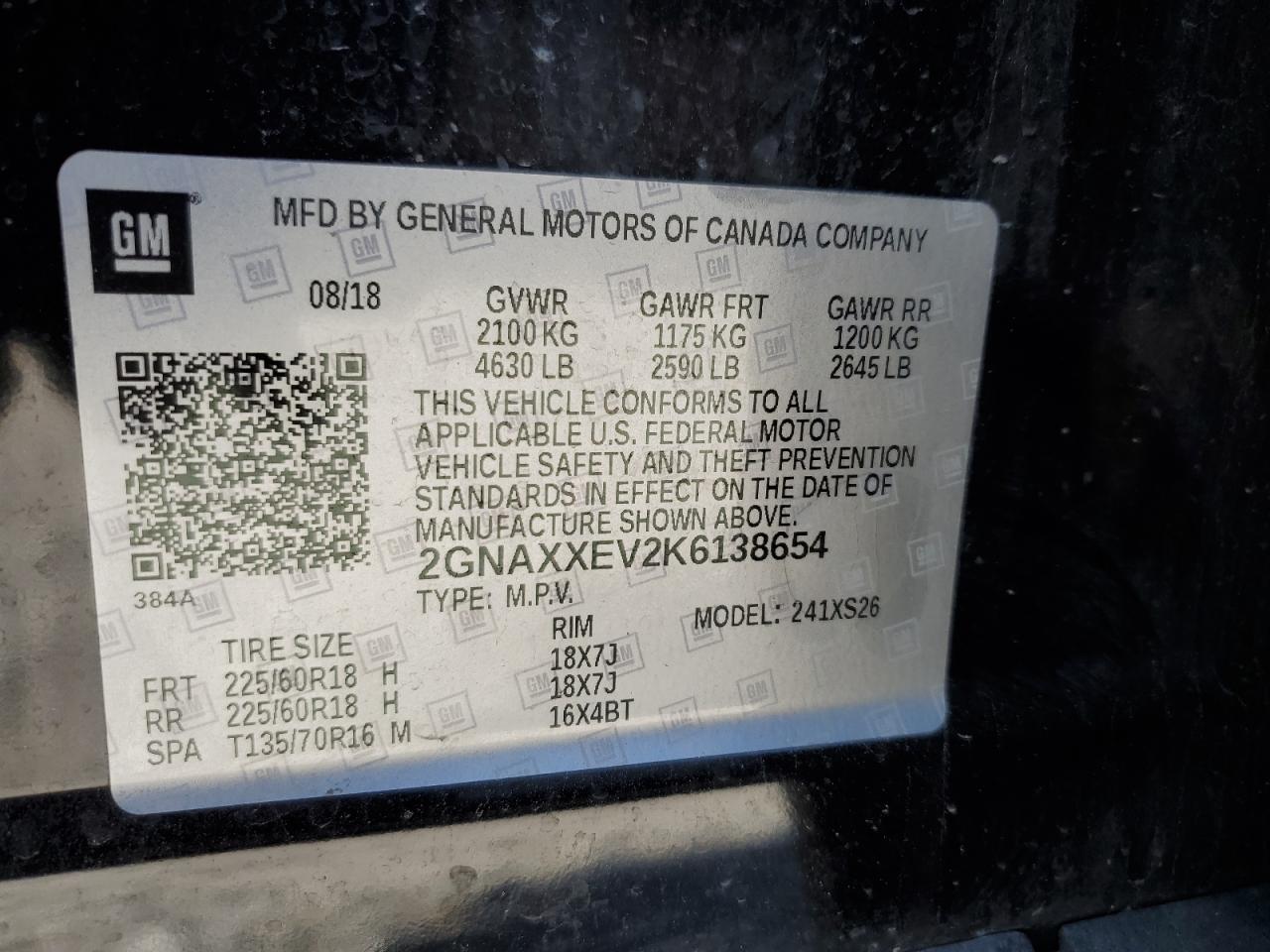 2019 Chevrolet Equinox Premier VIN: 2GNAXXEV2K6138654 Lot: 57859185