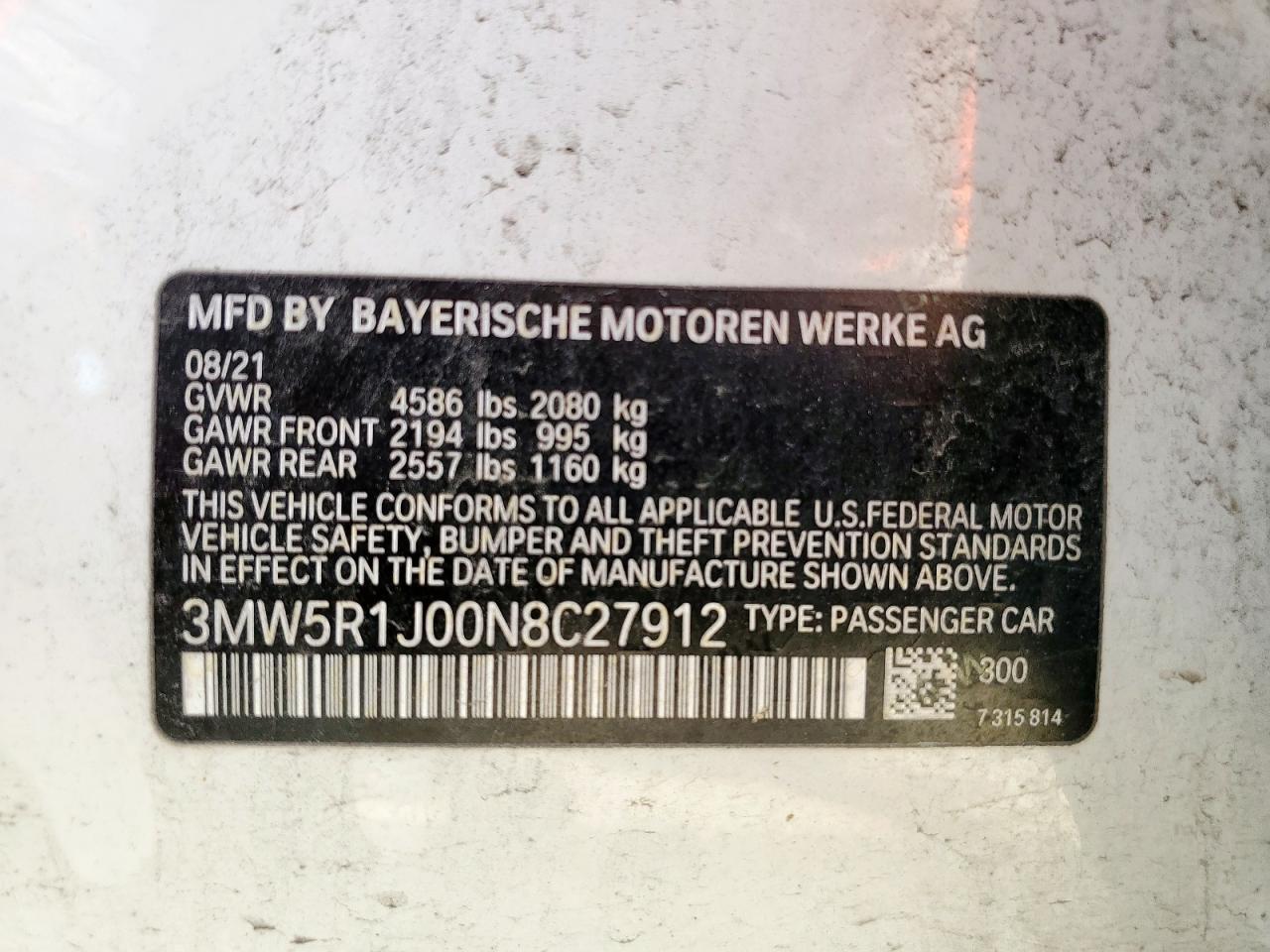 2022 BMW 330I VIN: 3MW5R1J00N8C27912 Lot: 57255145