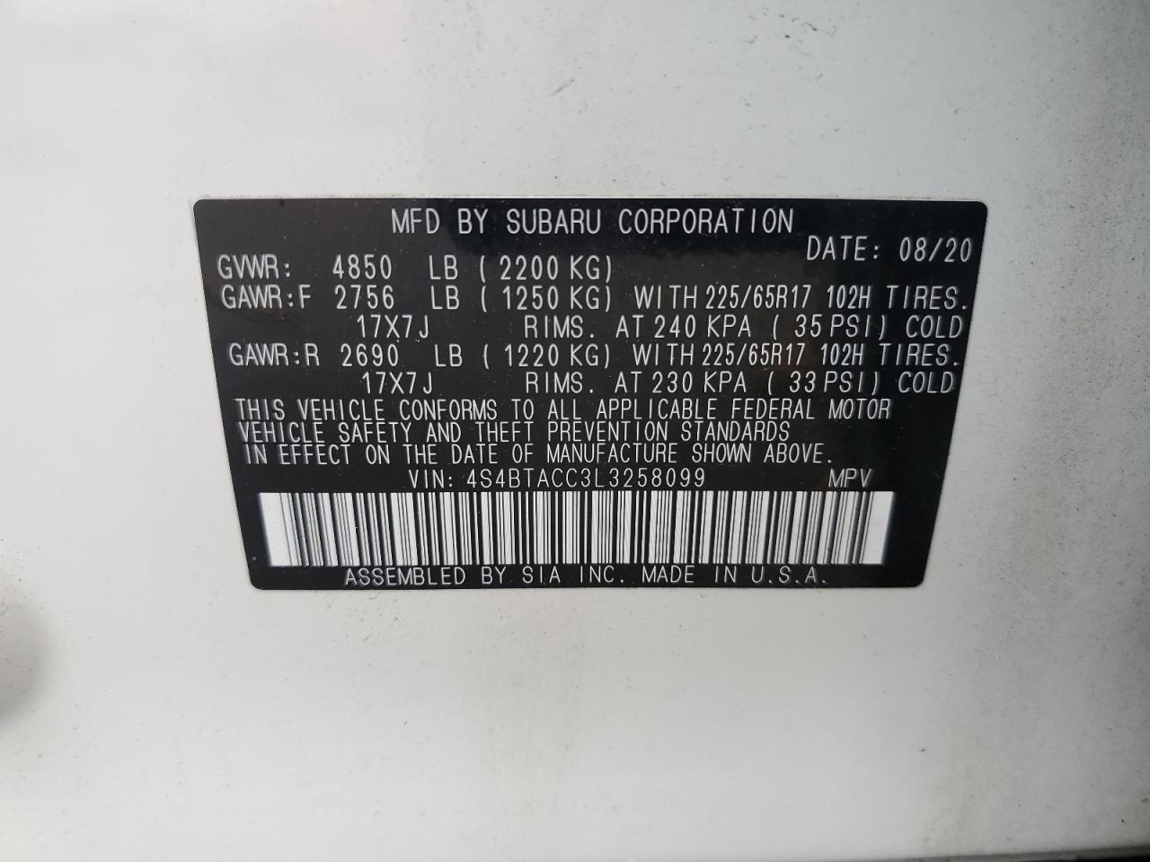 2020 Subaru Outback Premium VIN: 4S4BTACC3L3258099 Lot: 56670615