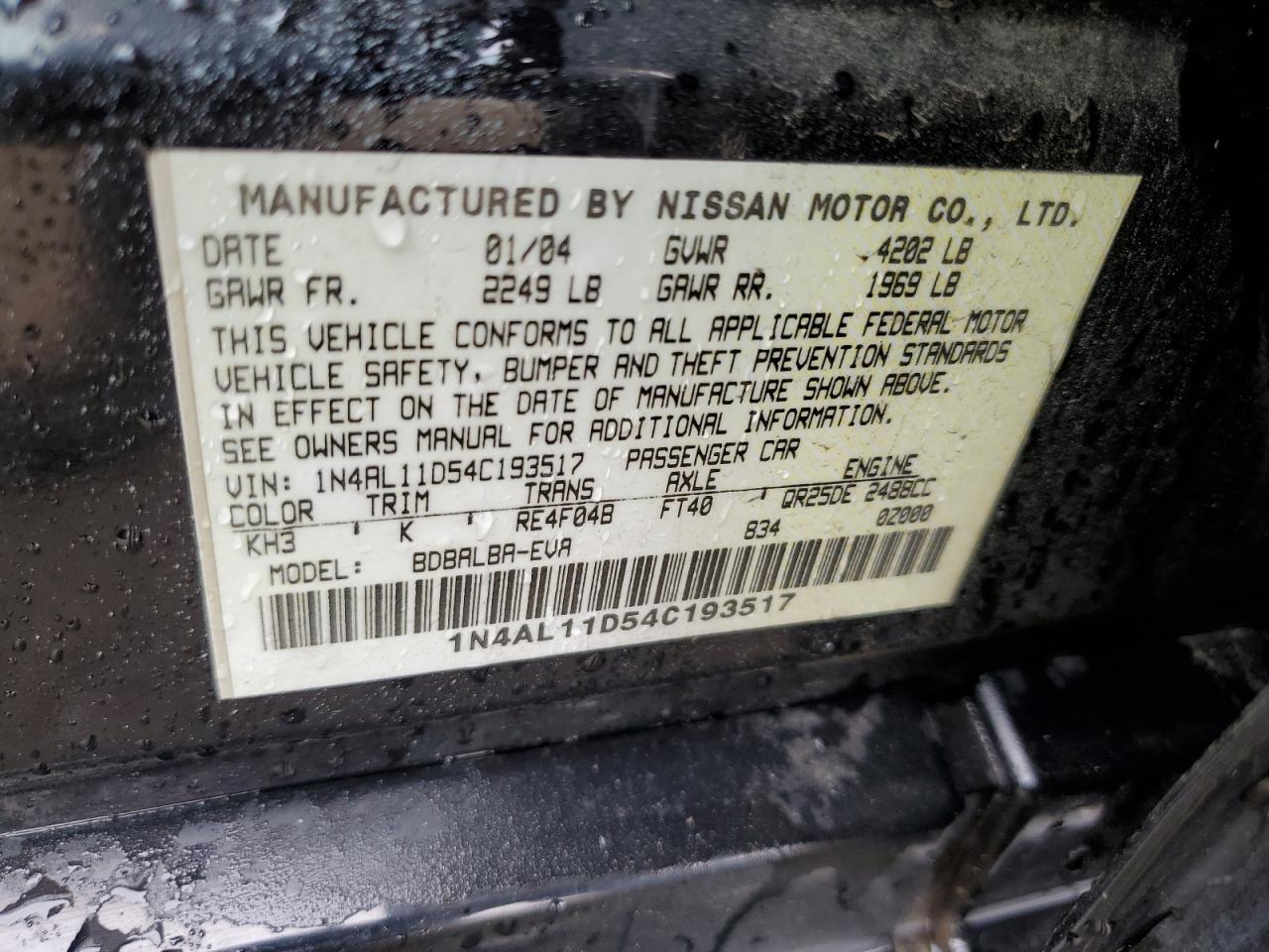2004 Nissan Altima Base VIN: 1N4AL11D54C193517 Lot: 56189985