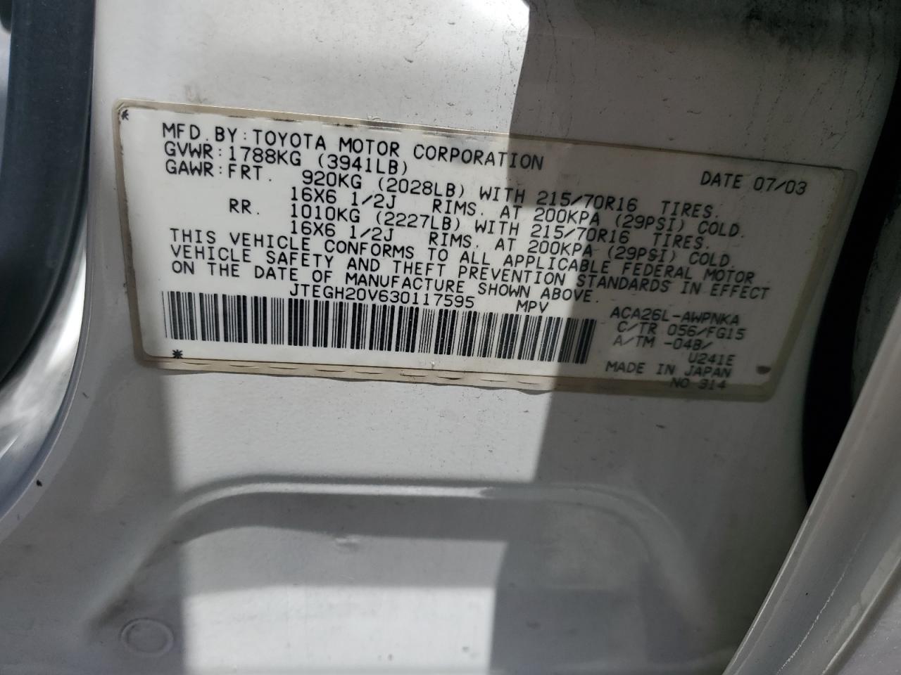 2003 Toyota Rav4 VIN: JTEGH20V630117595 Lot: 55851465