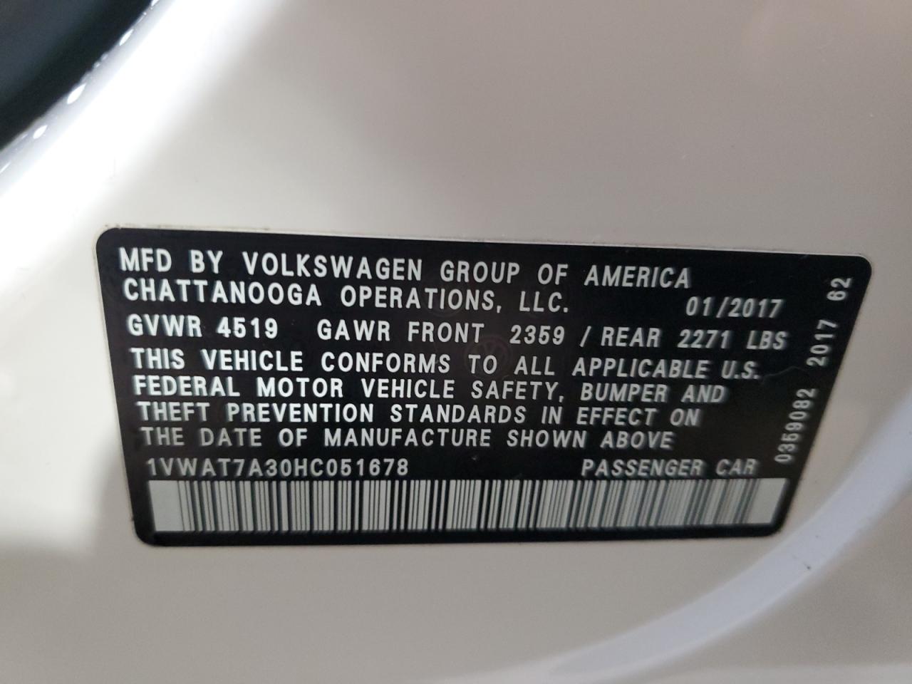 2017 Volkswagen Passat S VIN: 1VWAT7A30HC051678 Lot: 56873545