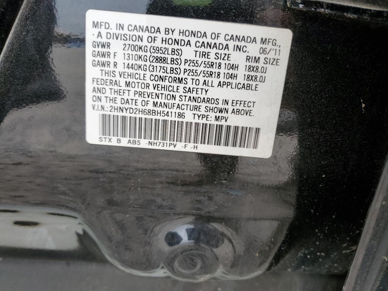 2011 Acura Mdx Technology VIN: 2HNYD2H68BH541186 Lot: 56976325