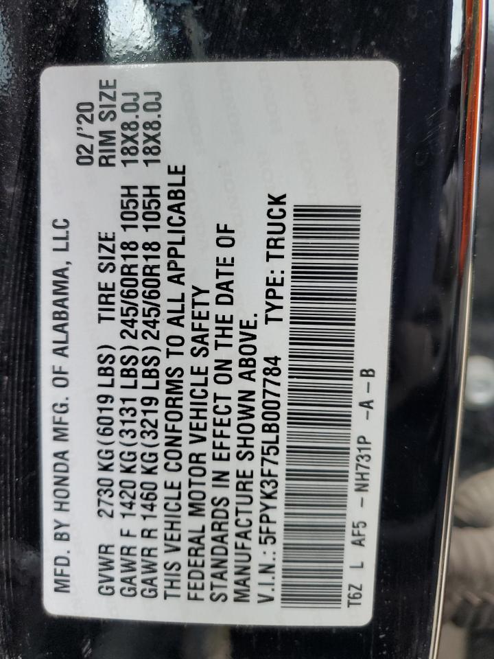 2020 Honda Ridgeline Rtl VIN: 5FPYK3F75LB007784 Lot: 58641065