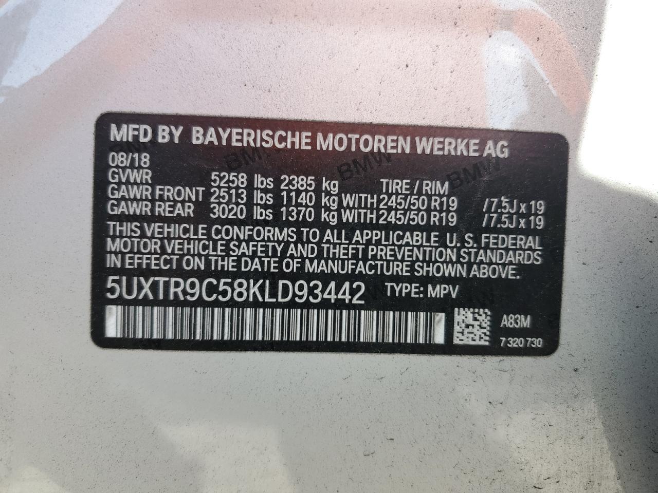 2019 BMW X3 xDrive30I VIN: 5UXTR9C58KLD93442 Lot: 53156025