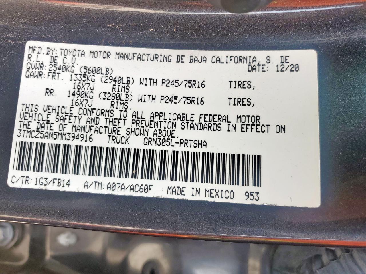 2021 Toyota Tacoma Double Cab VIN: 3TMCZ5AN5MM394916 Lot: 56436215