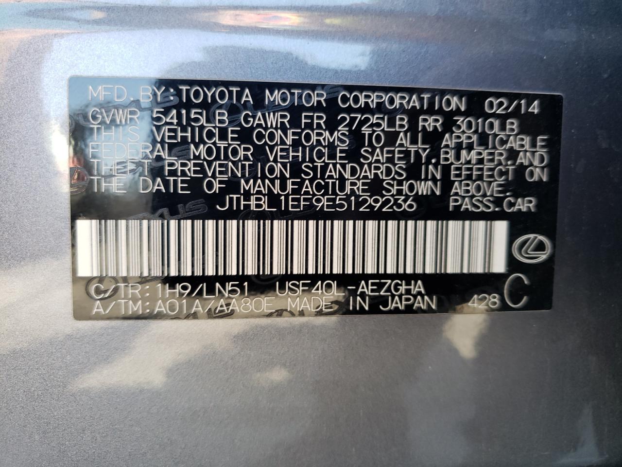 2014 Lexus Ls 460 VIN: JTHBL1EF9E5129236 Lot: 57464035