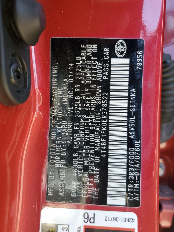 2014 Toyota Camry L VIN: 4T4BF1FK0ER378522 Lot: 56785235