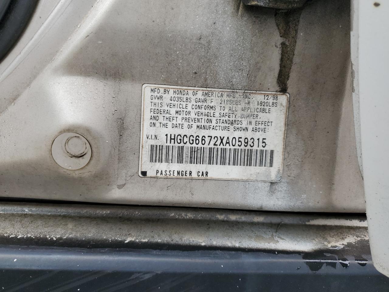 1999 Honda Accord Ex VIN: 1HGCG6672XA059315 Lot: 55952425