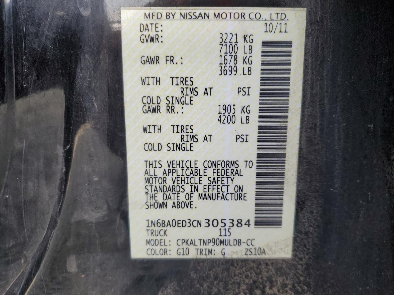 2012 Nissan Titan S VIN: 1N6BA0ED3CN305384 Lot: 56497905