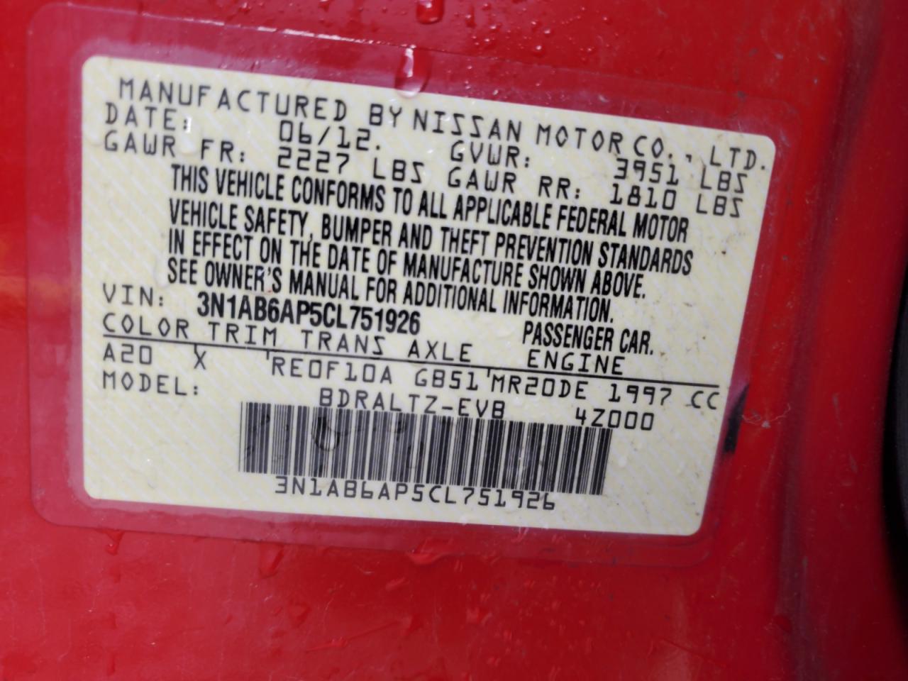 2012 Nissan Sentra 2.0 VIN: 3N1AB6AP5CL751926 Lot: 56844835