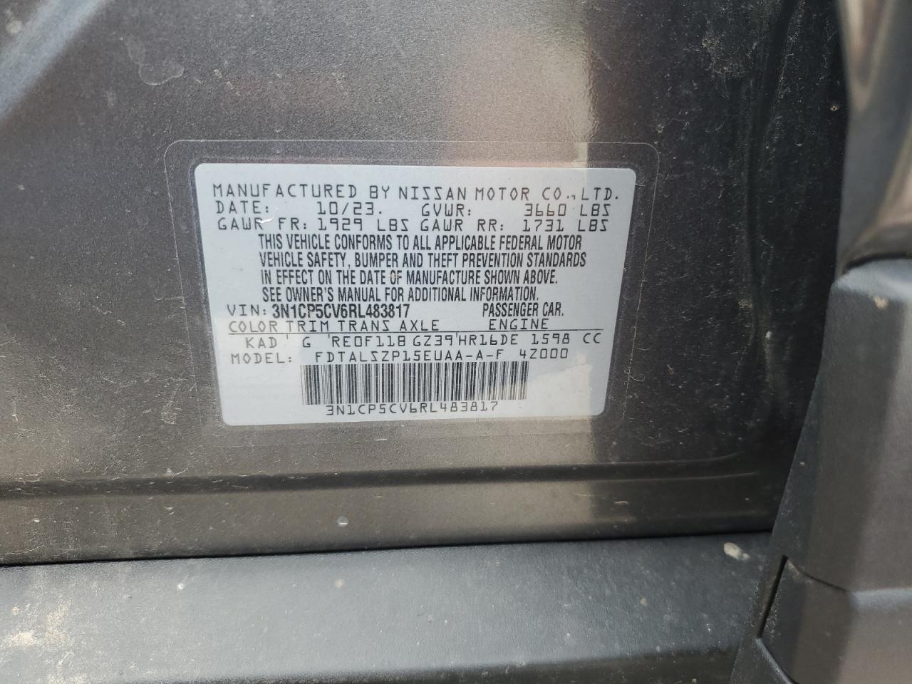 2024 Nissan Kicks Sv VIN: 3N1CP5CV6RL483817 Lot: 58839525