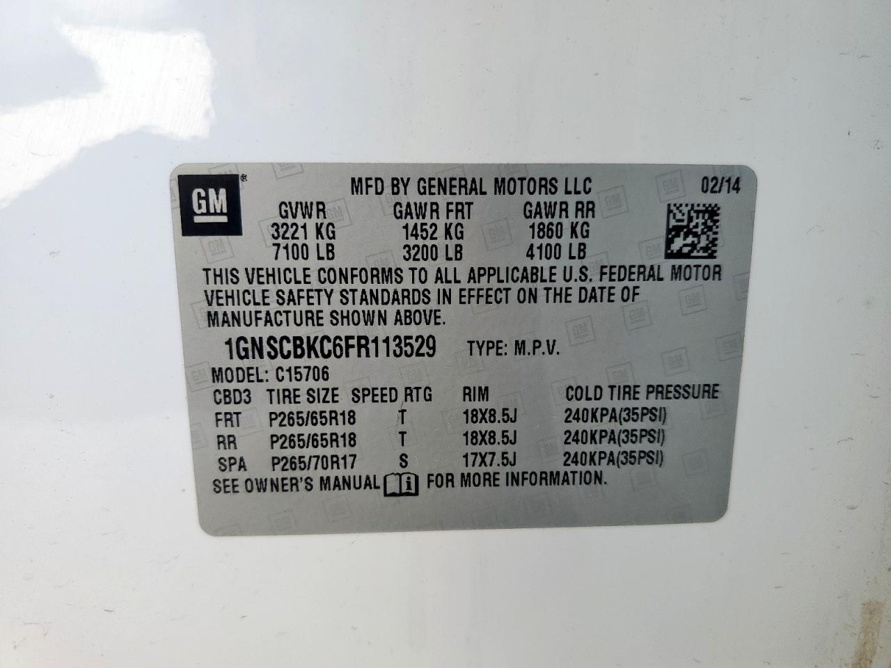 2015 Chevrolet Tahoe C1500 Lt VIN: 1GNSCBKC6FR113529 Lot: 57702225