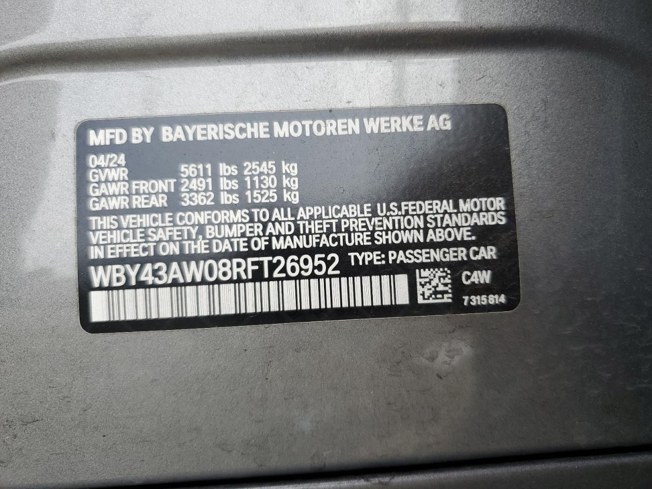 2024 BMW I4 Edrive 35 VIN: WBY43AW08RFT26952 Lot: 58267465