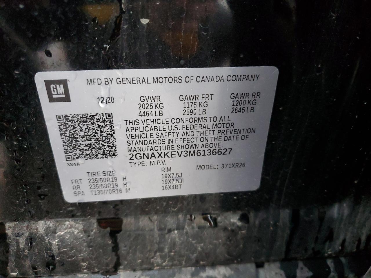 2021 Chevrolet Equinox Lt VIN: 2GNAXKEV3M6136627 Lot: 56835155