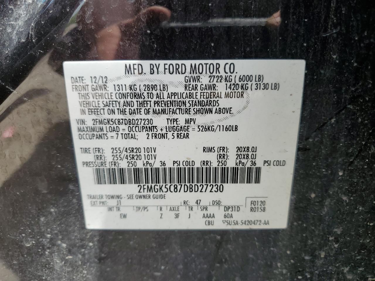 2013 Ford Flex Sel VIN: 2FMGK5C87DBD27230 Lot: 56898835