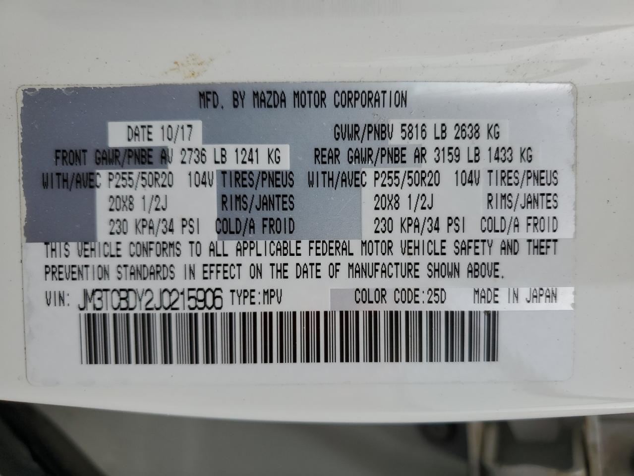 2018 Mazda Cx-9 Grand Touring VIN: JM3TCBDY2J0215906 Lot: 56881335