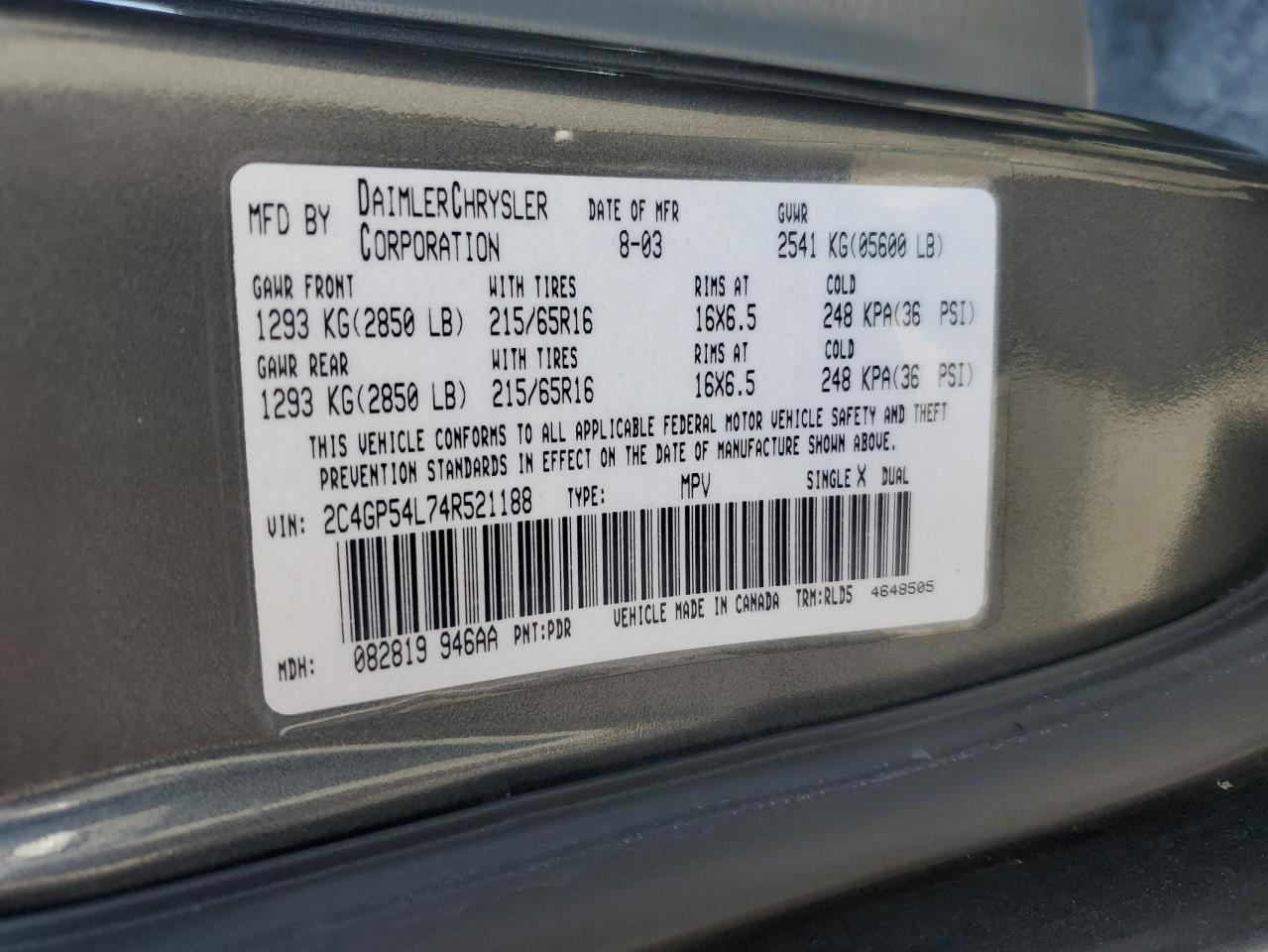 2004 Chrysler Town & Country Touring VIN: 2C4GP54L74R521188 Lot: 56056835