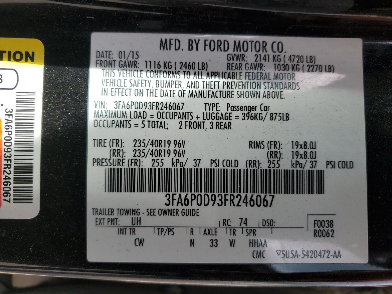 2015 Ford Fusion Titanium VIN: 3FA6P0D93FR246067 Lot: 57163265