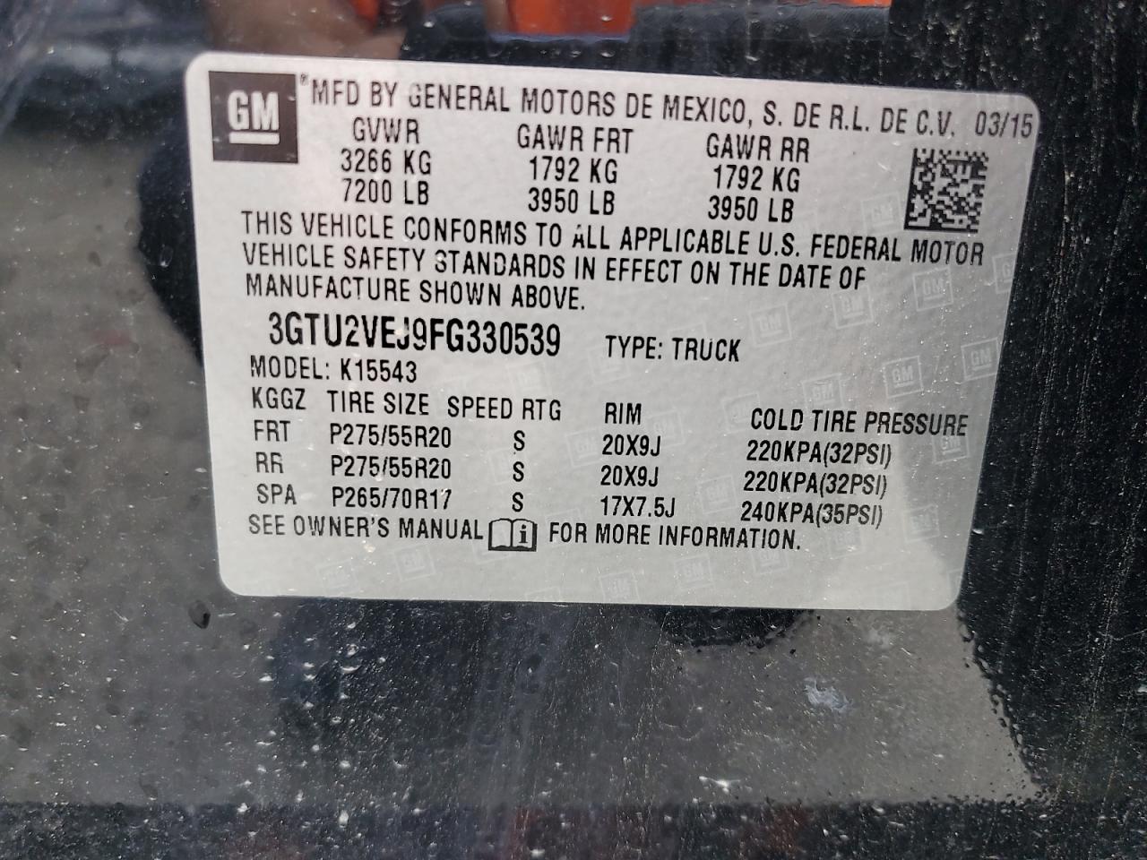 2015 GMC Sierra K1500 Slt VIN: 3GTU2VEJ9FGT33053 Lot: 56534315