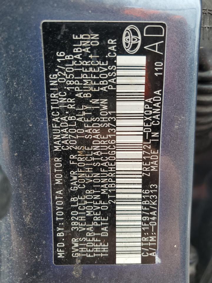2016 Toyota Corolla Eco VIN: 2T1BPRHE0GC613731 Lot: 57363055