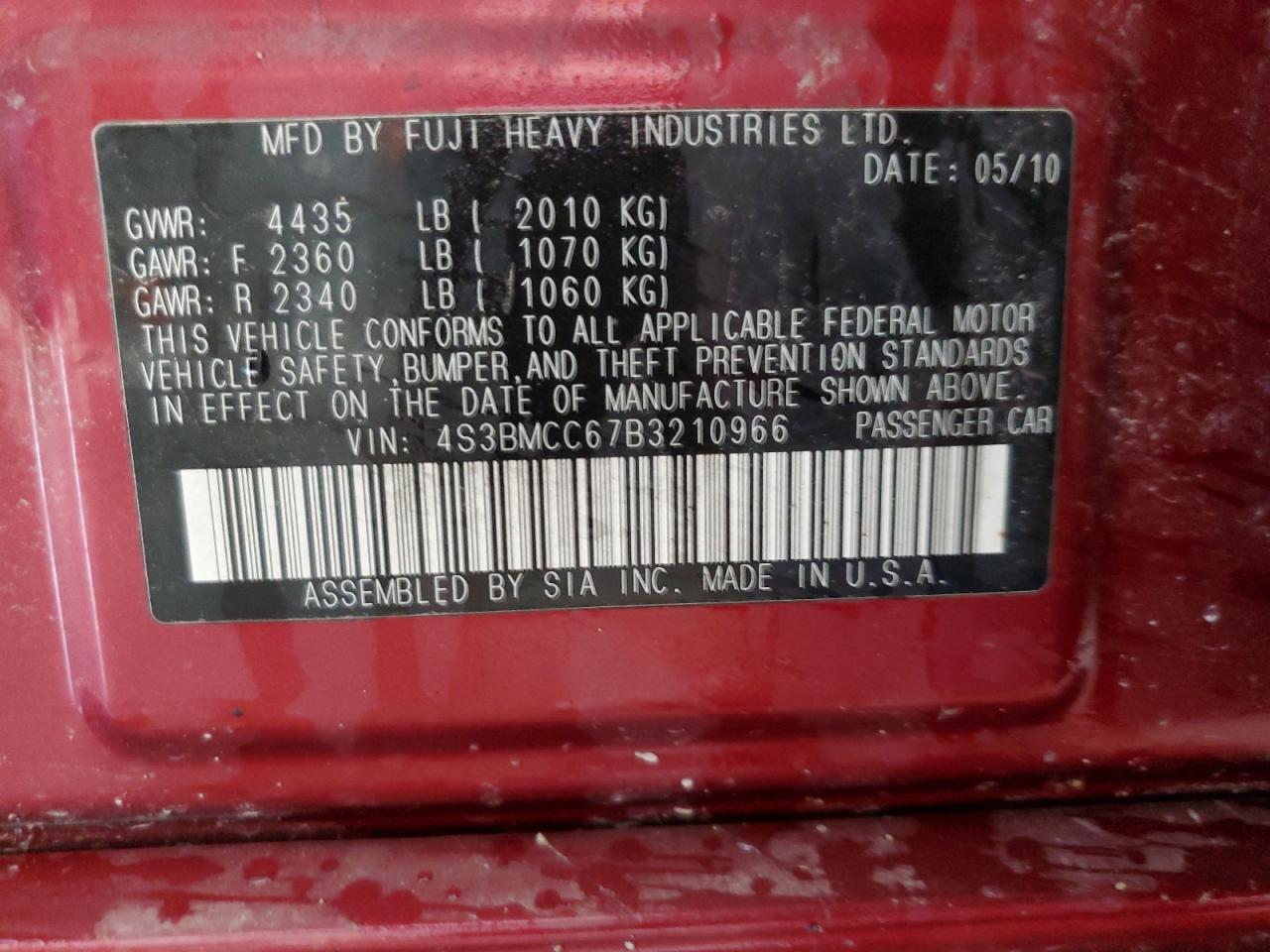 2011 Subaru Legacy 2.5I Premium VIN: 4S3BMCC67B3210966 Lot: 56304845