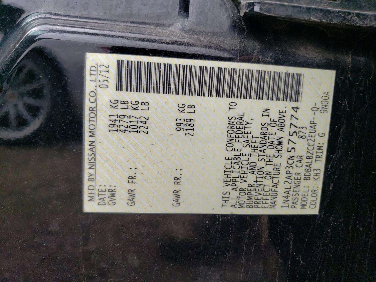2012 Nissan Altima Base VIN: 1N4AL2AP3CN575774 Lot: 56757785