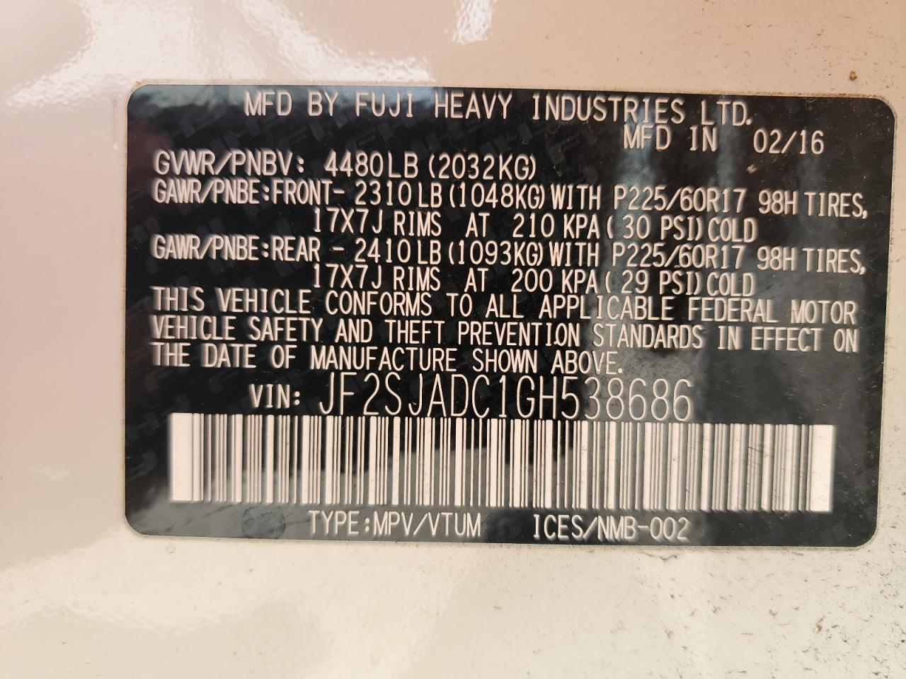 2016 Subaru Forester 2.5I Premium VIN: JF2SJADC1GH538686 Lot: 58996655