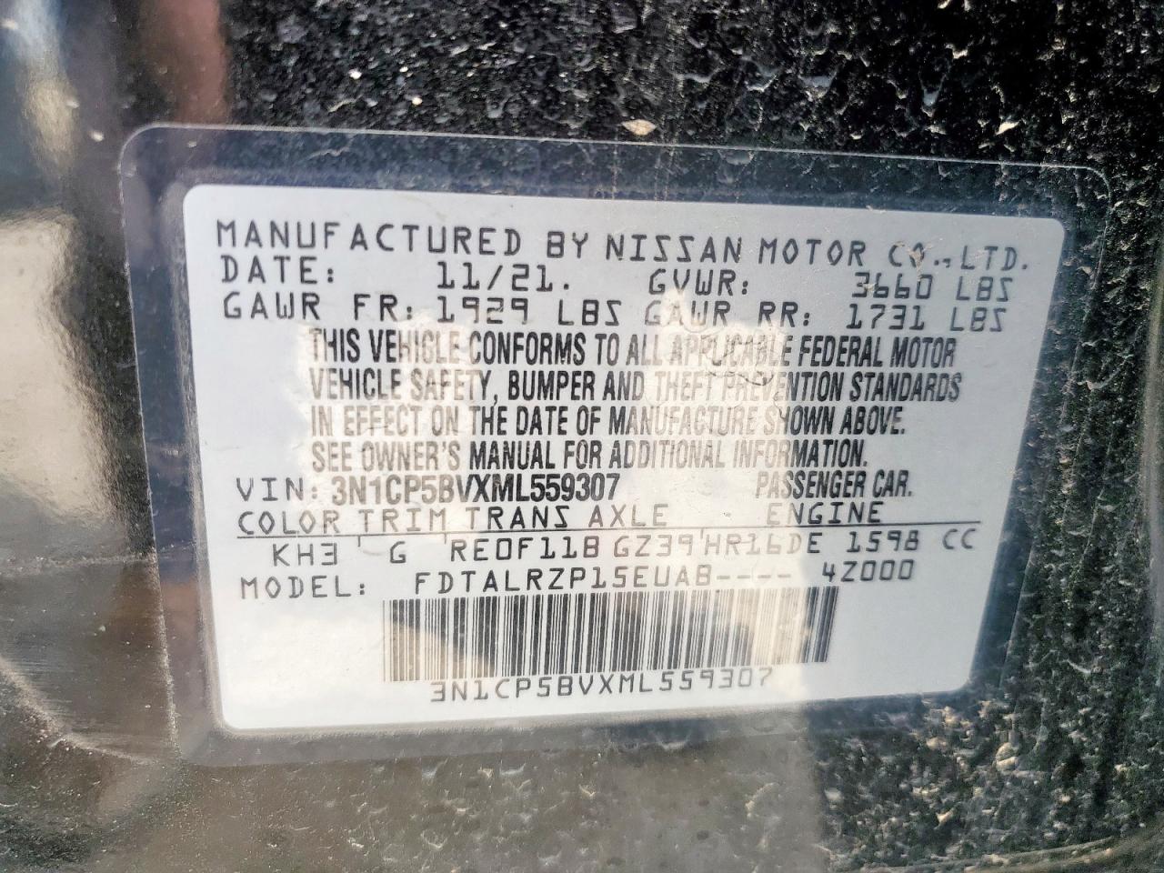 2021 Nissan Kicks S VIN: 3N1CP5BVXML559307 Lot: 55539025