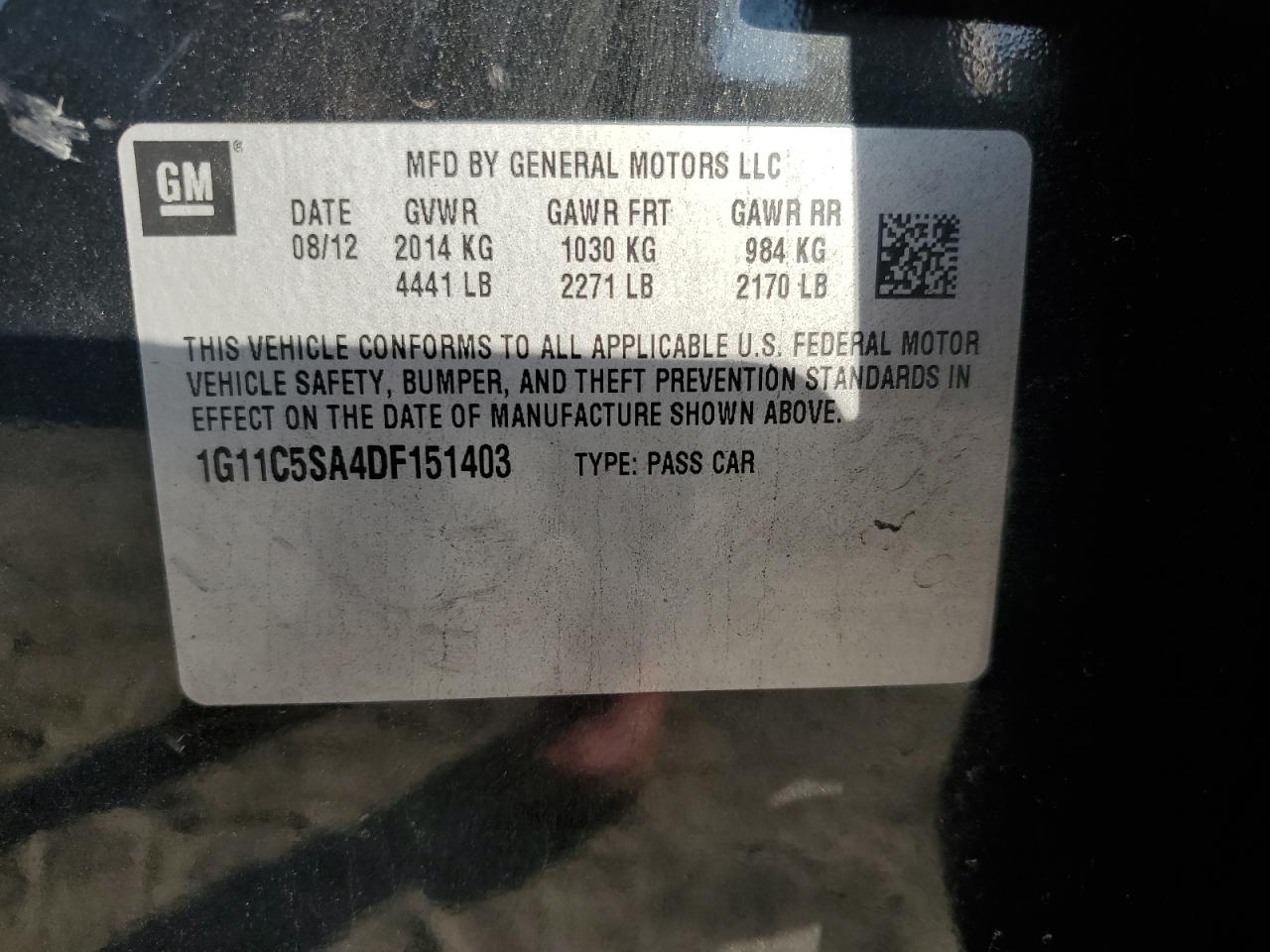 2013 Chevrolet Malibu 1Lt VIN: 1G11C5SA4DF151403 Lot: 56297025