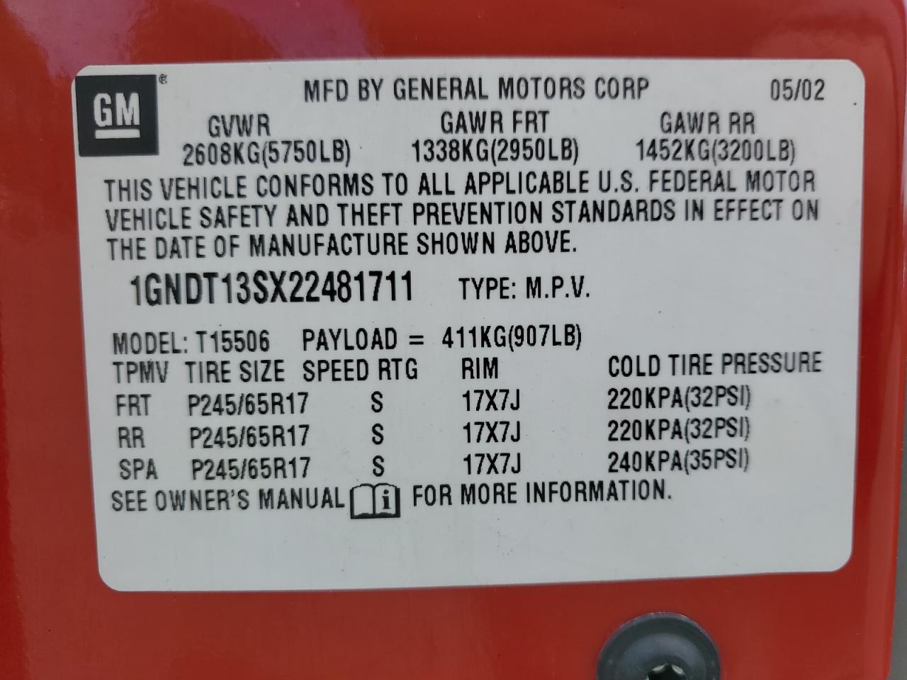 2002 Chevrolet Trailblazer VIN: 1GNDT13SX22481711 Lot: 56684025