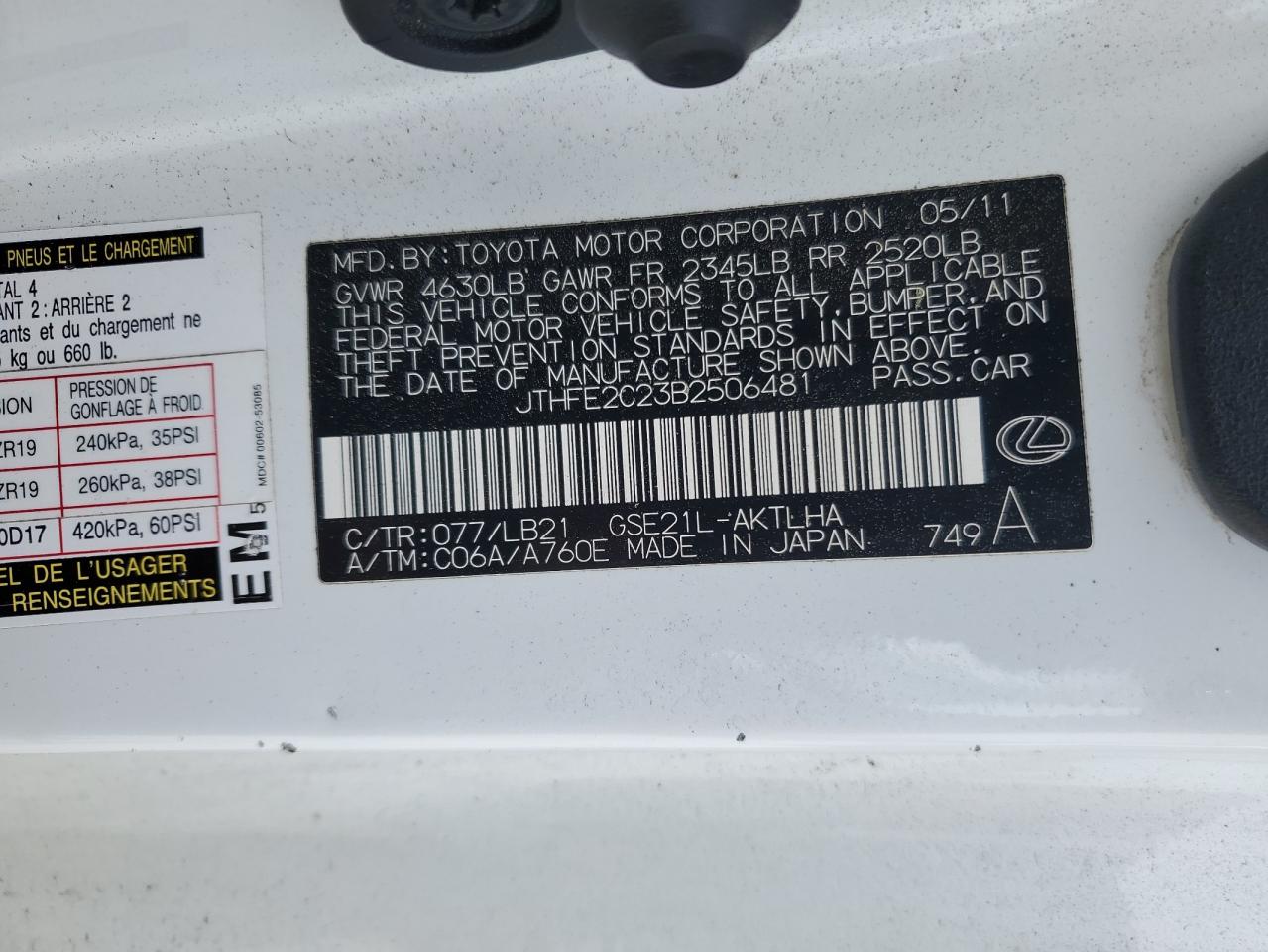 2011 Lexus Is 350 VIN: JTHFE2C23B2506481 Lot: 56899655