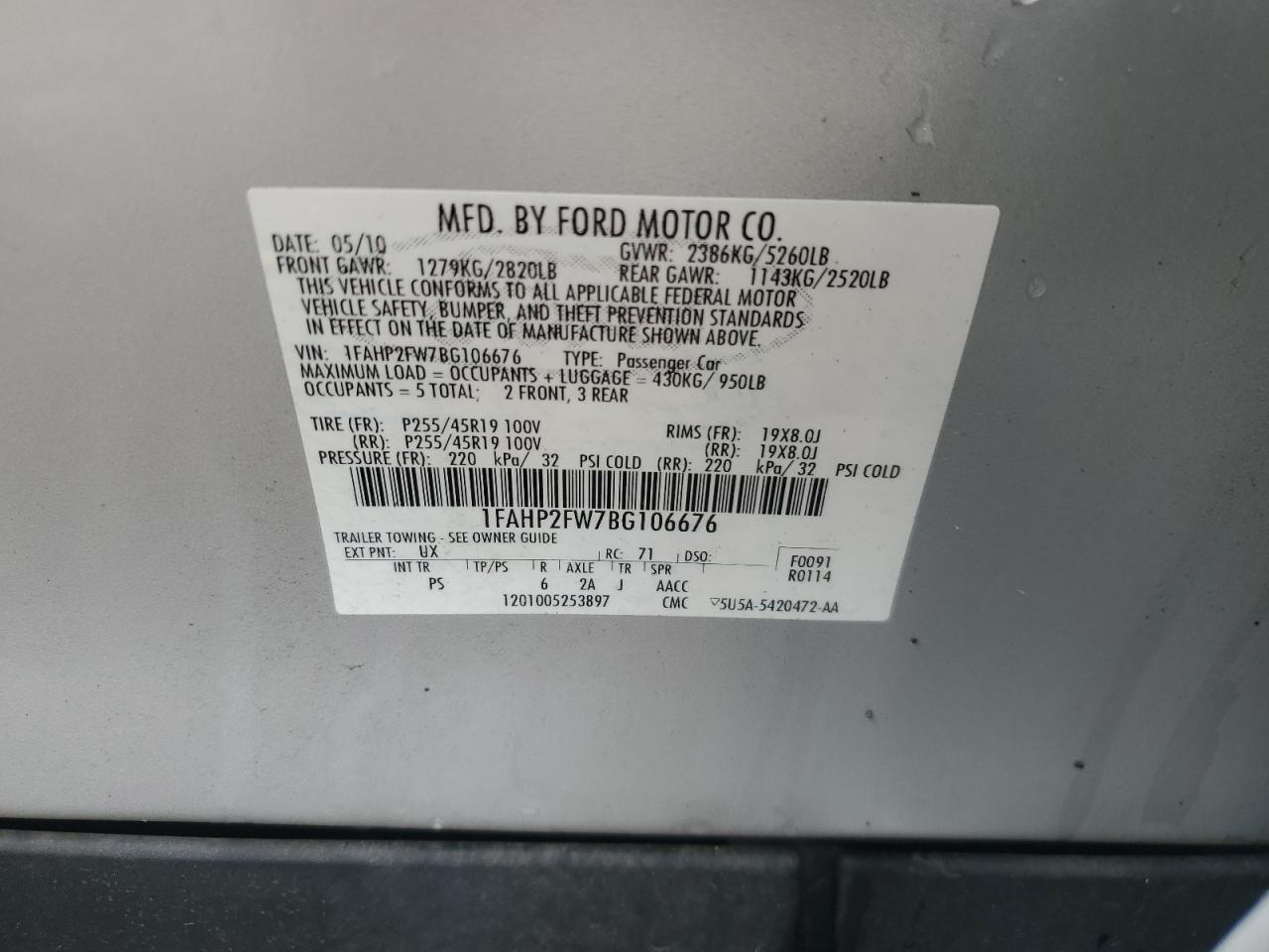 2011 Ford Taurus Limited VIN: 1FAHP2FW7BG106676 Lot: 58573645