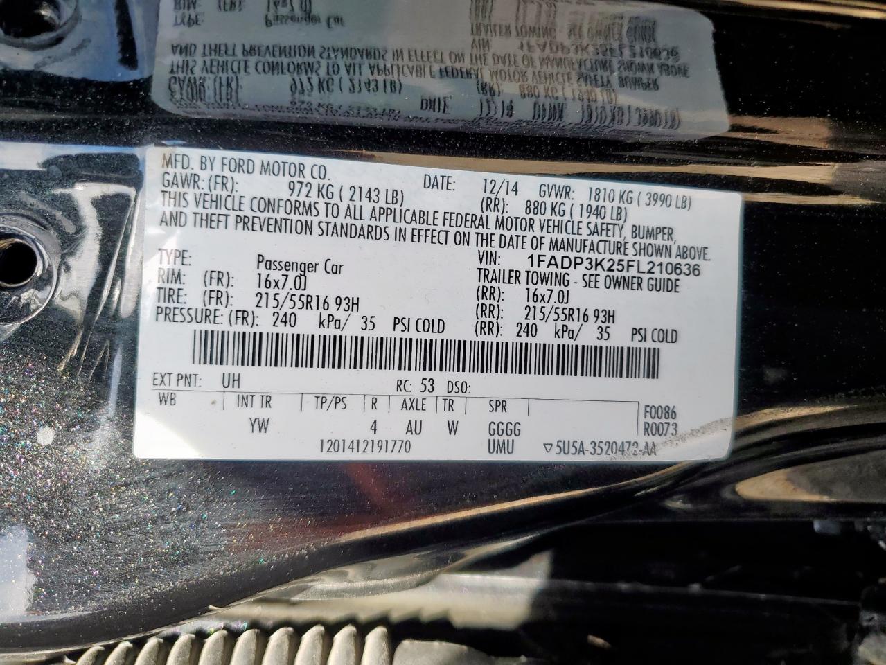 2015 Ford Focus Se VIN: 1FADP3K25FL210636 Lot: 58358135