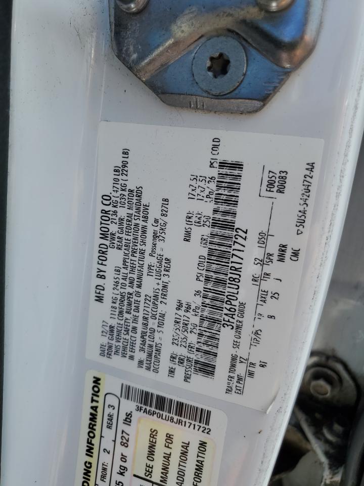 2018 Ford Fusion Se Hybrid VIN: 3FA6P0LU8JR171722 Lot: 54032085