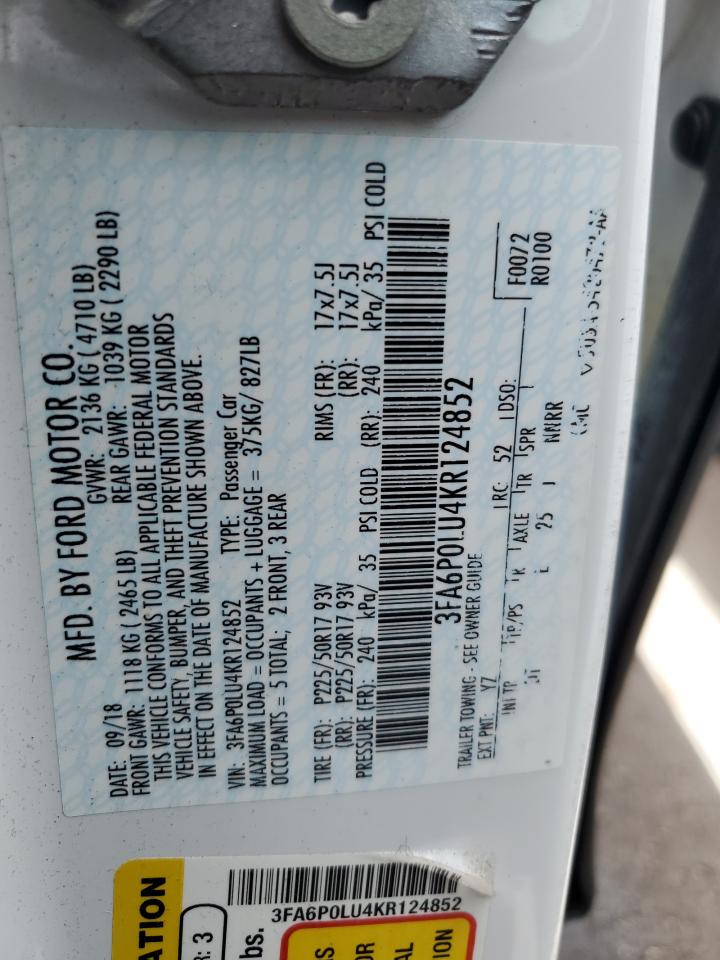 2019 Ford Fusion Se VIN: 3FA6P0LU4KR124852 Lot: 54035935