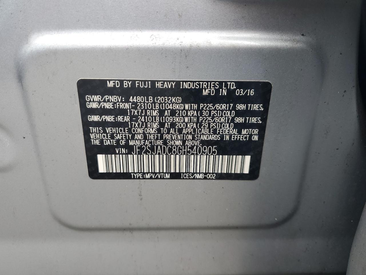 2016 Subaru Forester 2.5I Premium VIN: JF2SJADC8GH540905 Lot: 56824675