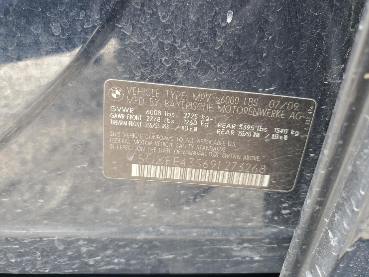 2009 BMW X5 xDrive30I VIN: 5UXFE43569L273268 Lot: 57122955