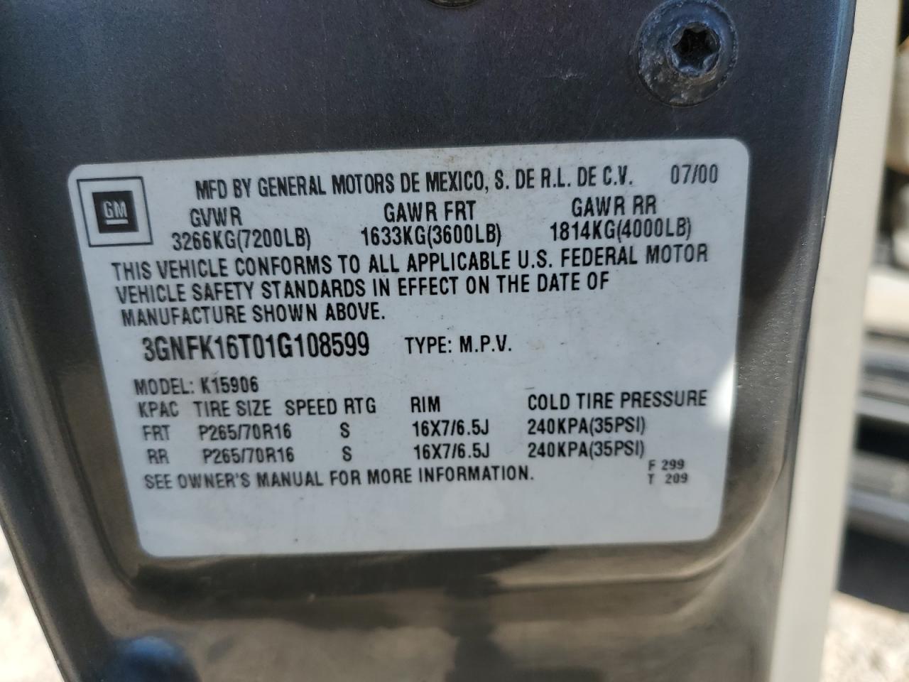 2001 Chevrolet Suburban K1500 VIN: 3GNFK16T01G108599 Lot: 56253375