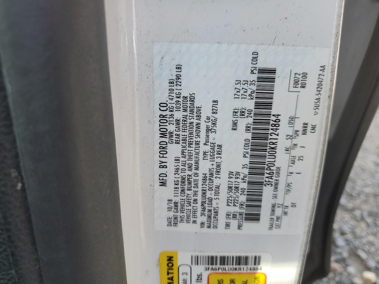 2019 Ford Fusion Se VIN: 3FA6P0LU0KR124864 Lot: 54037385