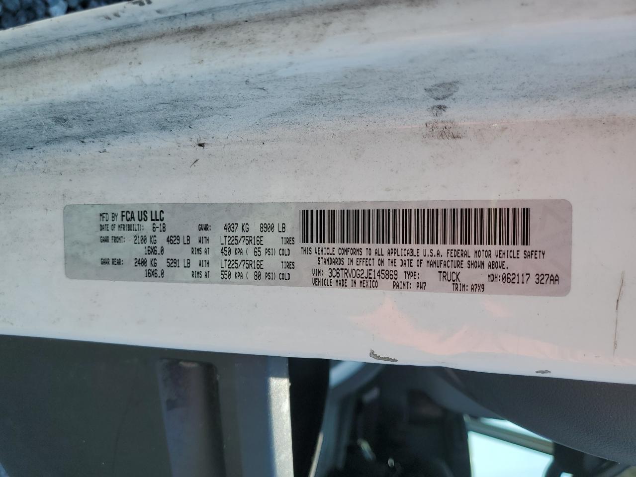 2018 Ram Promaster 2500 2500 High VIN: 3C6TRVDG2JE145869 Lot: 58159735