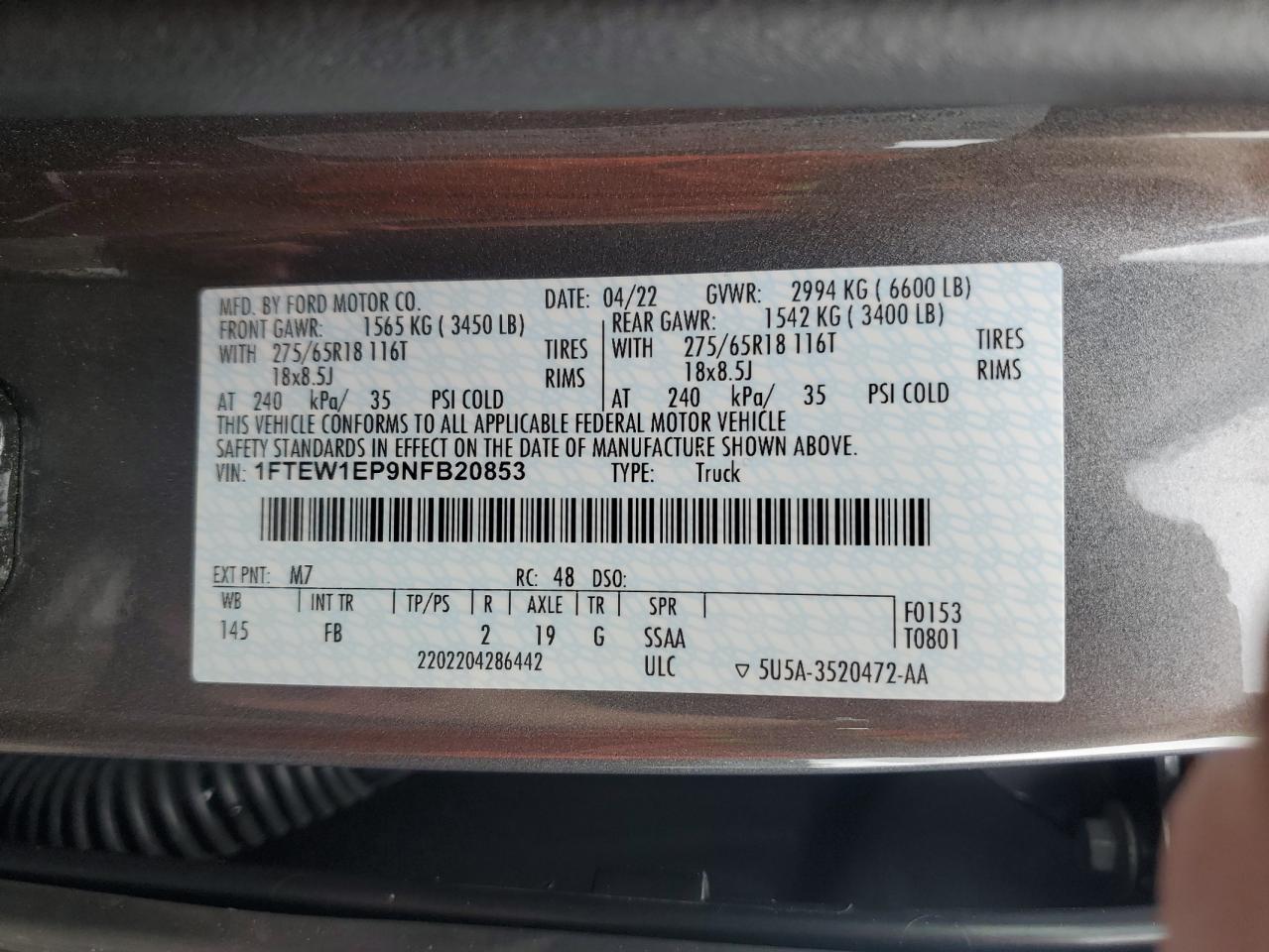 2022 Ford F150 Supercrew VIN: 1FTEW1EP9NFB20853 Lot: 56479795
