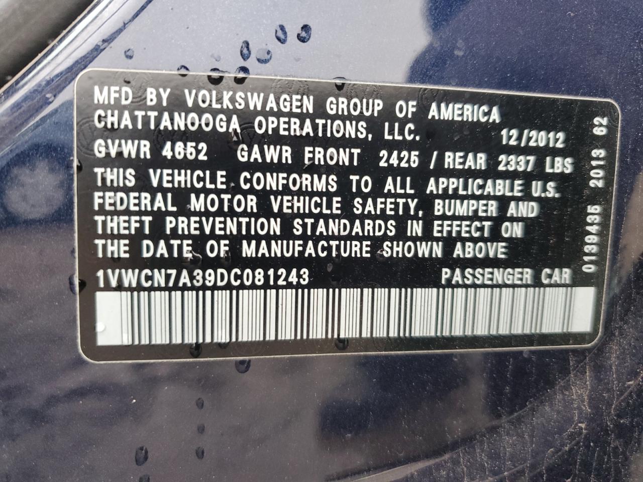 2013 Volkswagen Passat Sel VIN: 1VWCN7A39DC081243 Lot: 56192985