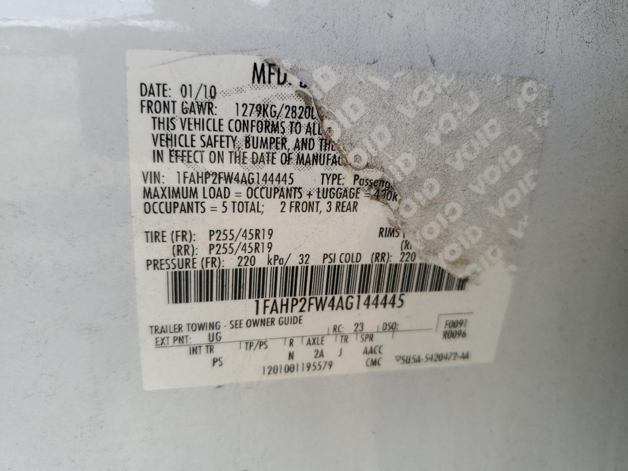 2010 Ford Taurus Limited VIN: 1FAHP2FW4AG144445 Lot: 56878295
