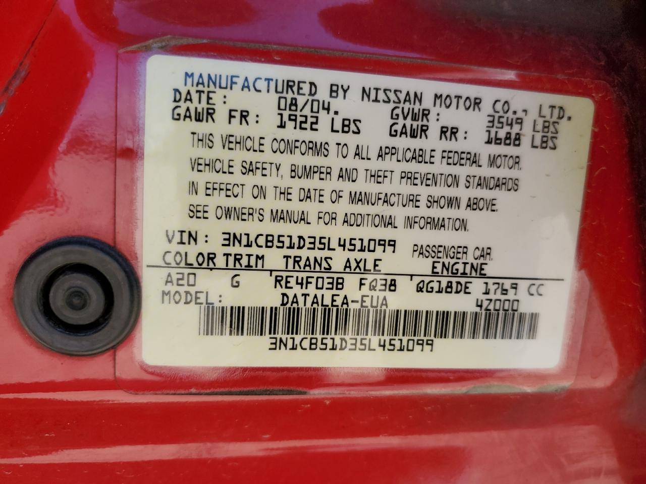 2005 Nissan Sentra 1.8 VIN: 3N1CB51D35L451099 Lot: 56515025