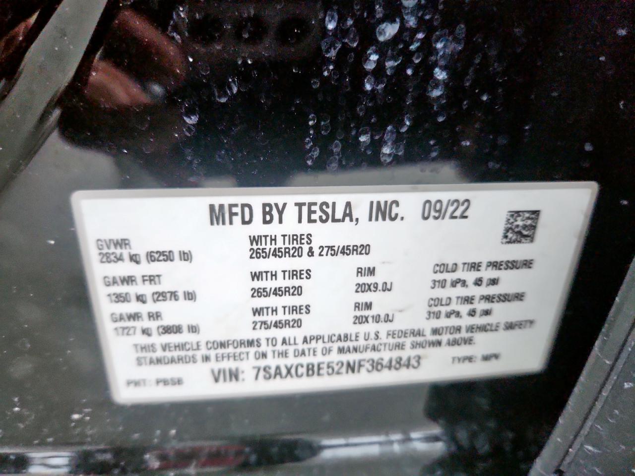 2022 Tesla Model X VIN: 7SAXCBE52NF364843 Lot: 57168925