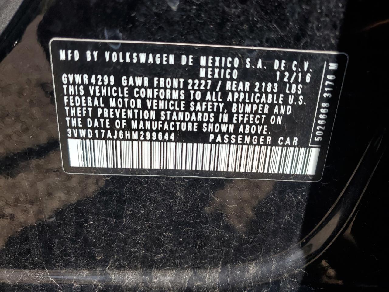 2017 Volkswagen Jetta Sport VIN: 3VWD17AJ6HM299644 Lot: 57239365